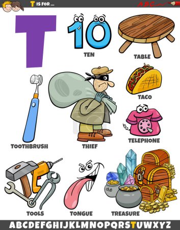 Téléchargez les illustrations : Illustration de dessins animés d'objets et de caractères pour la lettre T - en licence libre de droit