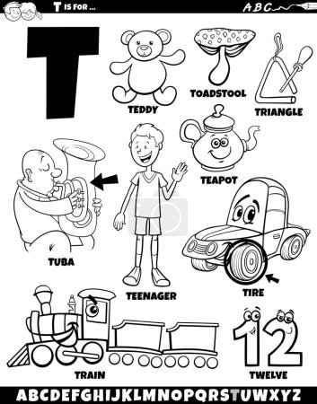 Zeichentrickillustration von Objekten und Zeichen, die für Buchstaben-T-Malseite gesetzt sind