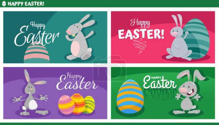 Cartoon illustration of happy Easter Bunnies characters with painted Easter eggs greeting card designs set