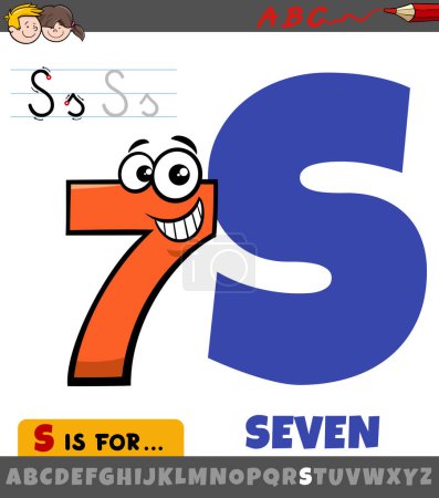 Illustration de dessin animé éducatif de la lettre S de l'alphabet avec sept chiffres