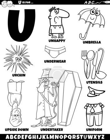 Cartoon illustration of objects and characters set for letter U coloring page
