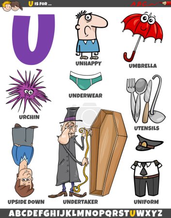 Cartoon illustration of objects and characters set for letter U
