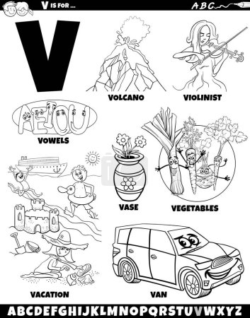 Cartoon-Illustration von Objekten und Zeichen für Buchstabe V Malvorlage