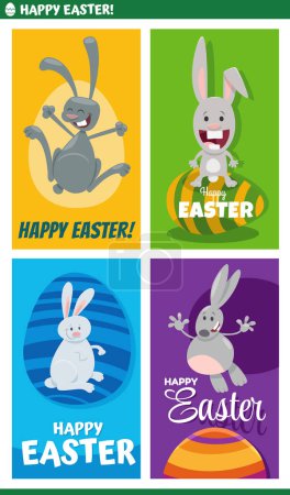 Cartoon illustration of happy Easter Bunnies characters with painted Easter eggs greeting card designs set