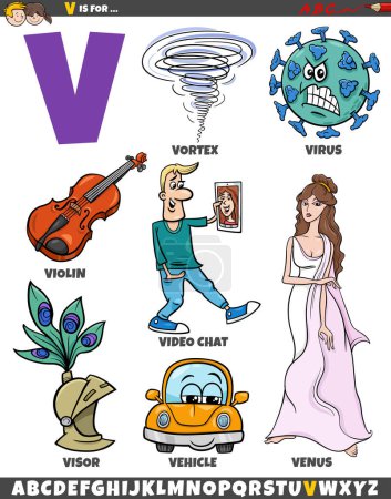 Dibujos animados ilustración de objetos y personajes establecidos para la letra V