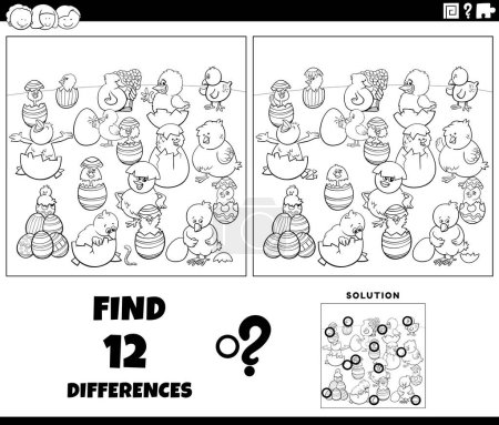 Cartoon illustration of finding the differences between pictures educational game with little chicks hatching from eggs on Easter time coloring page