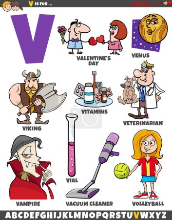 Illustration for Cartoon illustration of objects and characters set for letter V - Royalty Free Image