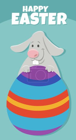 Cartoon illustration of happy Easter Bunny character with painted Easter egg greeting card design