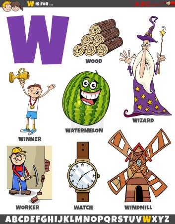Illustration for Cartoon illustration of objects and characters set for letter W - Royalty Free Image