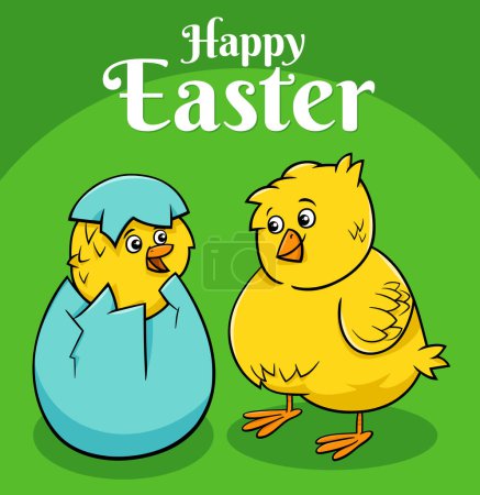 Cartoon illustration of Easter chick hatching from egg greeting card design