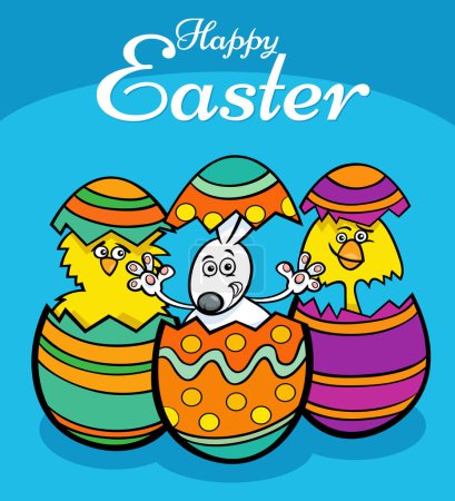 Cartoon illustration of Easter bunny and chicks hatching from colored eggs greeting card design