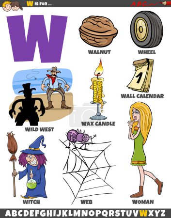 Téléchargez les illustrations : Illustration de dessins animés d'objets et de caractères pour la lettre W - en licence libre de droit