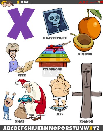Cartoon illustration of objects and characters set for letter X