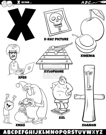 Cartoon illustration of objects and characters set for letter X coloring page