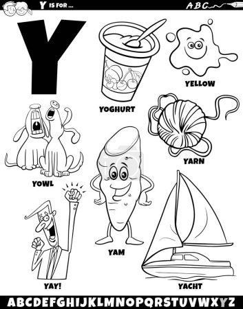 Illustration de dessins animés d'objets et de caractères pour la lettre Y coloriage
