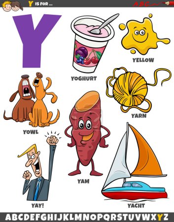 Cartoon illustration of objects and characters set for letter Y