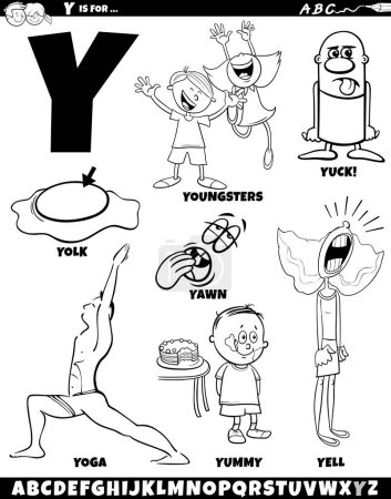 Cartoon illustration of objects and characters set for letter Y coloring page
