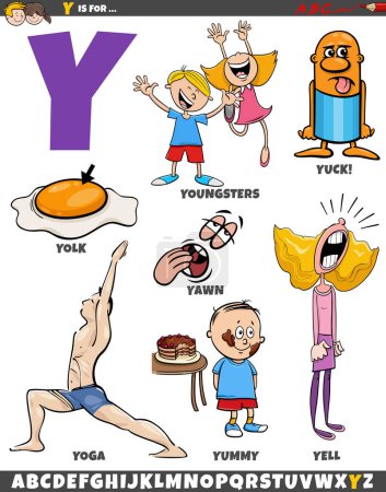 Cartoon illustration of objects and characters set for letter Y