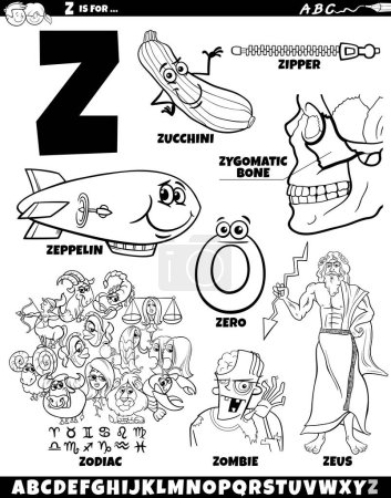 Cartoon illustration of objects and characters set for letter Z coloring page