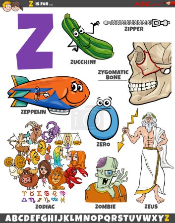 Cartoon illustration of objects and characters set for letter Z