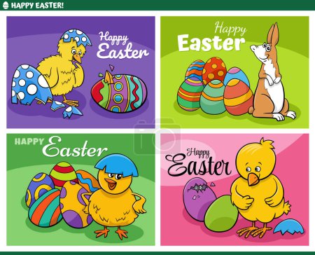 Cartoon-Illustration von Ostern Grußkarten Designs Set mit Küken und Hasen