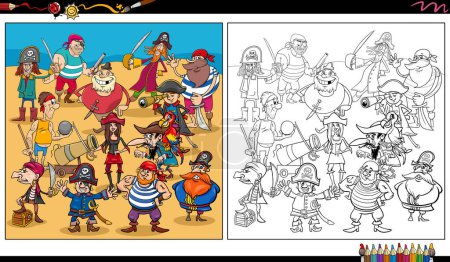 Cartoon illustration of funny pirates characters group coloring page