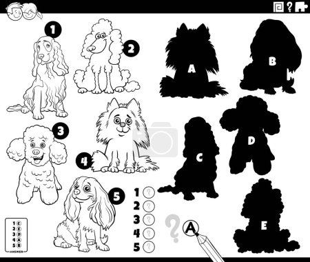 Téléchargez les illustrations : Illustration de dessin animé de trouver les ombres à droite pour les photos jeu éducatif avec des chiens de race personnages animaux coloriage - en licence libre de droit