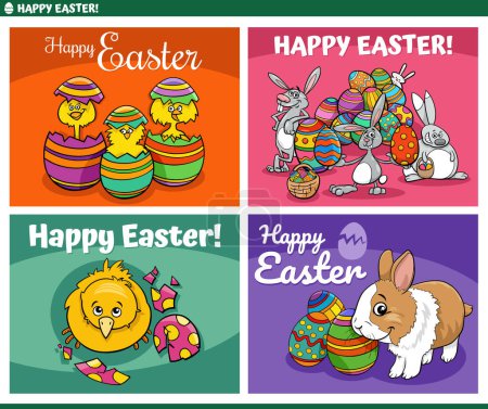 Cartoon-Illustration von Ostern Grußkarten Designs Set mit Hasen und Küken
