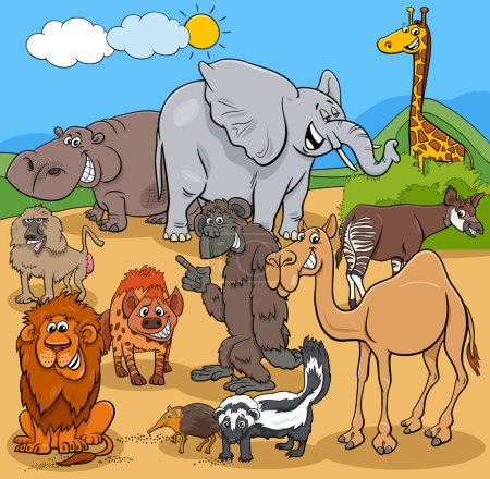 Illustrations de dessins animés de personnages drôles d'animaux sauvages groupe