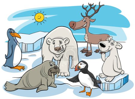 Cartoon illustration of polar animals comic characters group