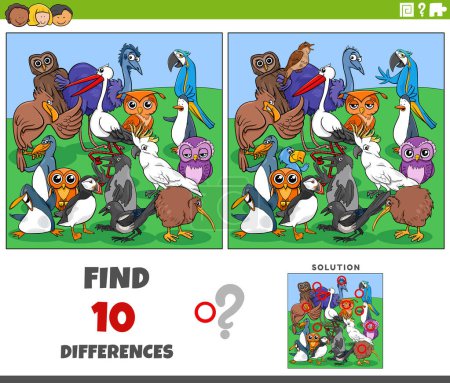 Ilustración de Dibujos animados ilustración de la búsqueda de las diferencias entre las imágenes de la actividad educativa con los pájaros personajes animales - Imagen libre de derechos