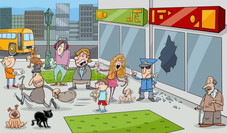 Cartoon illustration of street situation with running thief and policeman and onlookers people