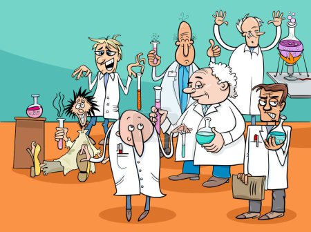 Cartoon illustration of funny scientists or inventors characters group in the laboratory