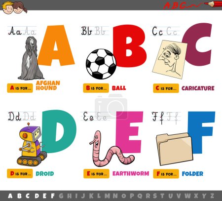 Zeichentrickillustration von Großbuchstaben aus dem Alphabet-Lernset für Lese- und Schreibübungen für Kinder von A bis F