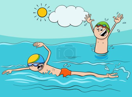 Cartoon illustration of boys swimming and playing in the water
