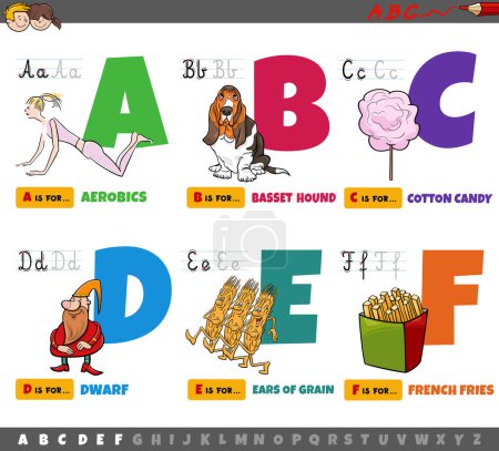 Illustration for Cartoon illustration of capital letters from alphabet educational set for reading and writing practice for children from A to F - Royalty Free Image
