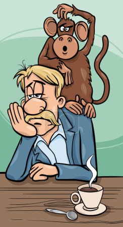 Cartoon humorous concept illustration of monkey on your back saying or proverb