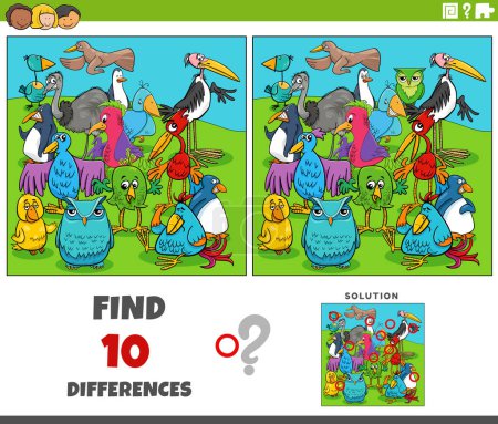 Cartoon illustration of finding the differences between pictures educational activity with birds animal characters