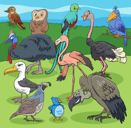 Dibujos animados ilustración de pájaros divertidos animales personajes cómicos grupo