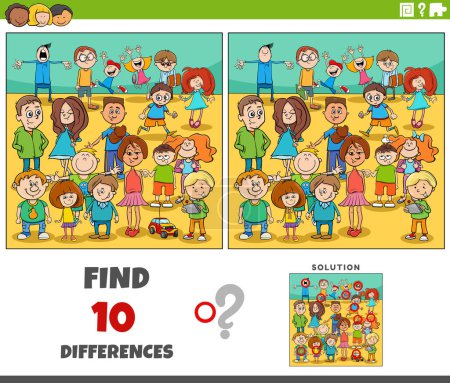 Ilustración de Dibujos animados ilustración de la búsqueda de las diferencias entre las imágenes de la actividad educativa con los niños personajes - Imagen libre de derechos