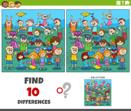 Ilustración de Dibujos animados ilustración de la búsqueda de las diferencias entre las imágenes de la actividad educativa con los niños juguetones grupo de personajes - Imagen libre de derechos