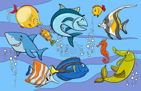 Cartoon illustrations of fish and marine animal characters group