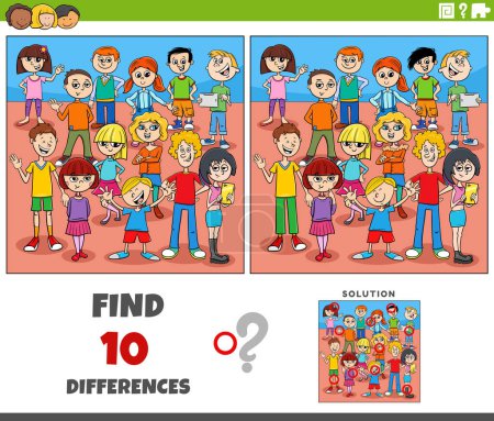 Ilustración de Dibujos animados ilustración de la búsqueda de las diferencias entre las imágenes de la actividad educativa con los niños grupo de personajes - Imagen libre de derechos