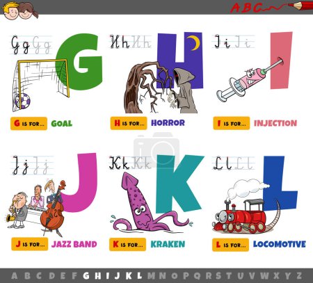 Dibujos animados ilustración de letras mayúsculas del alfabeto conjunto educativo para la lectura y la escritura práctica para niños de G a L