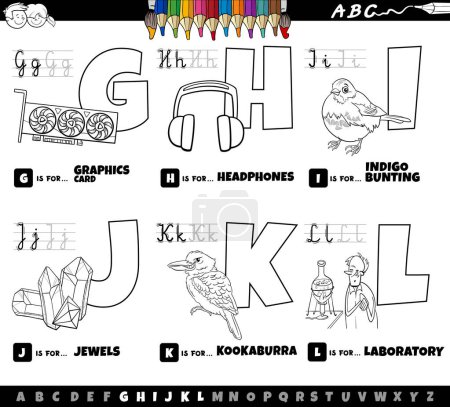 Illustration for Black and white cartoon illustration of capital letters from alphabet educational set for reading and writing practise for children from G to L coloring page - Royalty Free Image