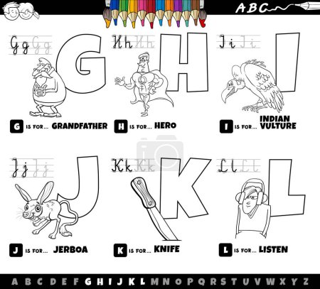 Black and white cartoon illustration of capital letters from alphabet educational set for reading and writing practise for children from G to L coloring page