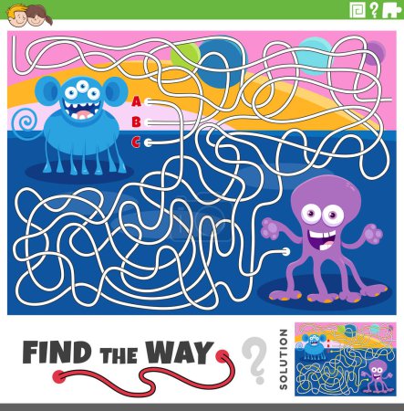 Cartoon illustration of find the way maze puzzle activity with funny monsters characters