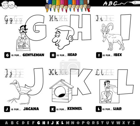 Black and white cartoon illustration of capital letters from alphabet educational set for reading and writing practise for children from G to L coloring page