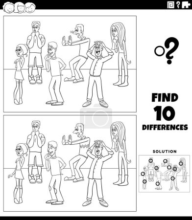 Ilustración de Dibujos animados ilustración de encontrar las diferencias entre las imágenes actividad educativa con los personajes jóvenes sorprendidos grupo para colorear página - Imagen libre de derechos