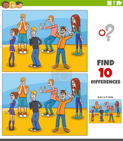 Ilustración de Dibujos animados ilustración de la búsqueda de las diferencias entre las imágenes de la actividad educativa con los personajes jóvenes sorprendidos grupo - Imagen libre de derechos